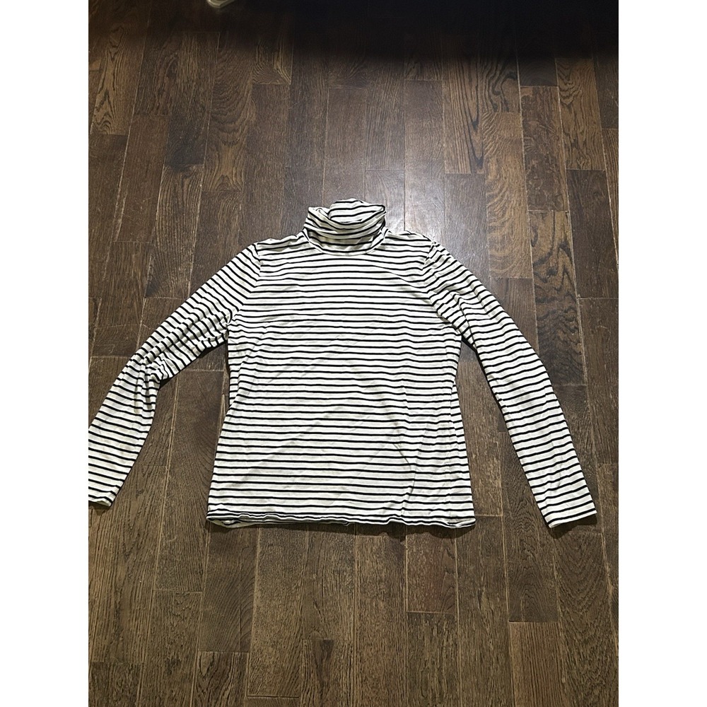 Talbots Tee Shirt Womens M White Black Stripe Turtleneck Stretch Cotton Spandex